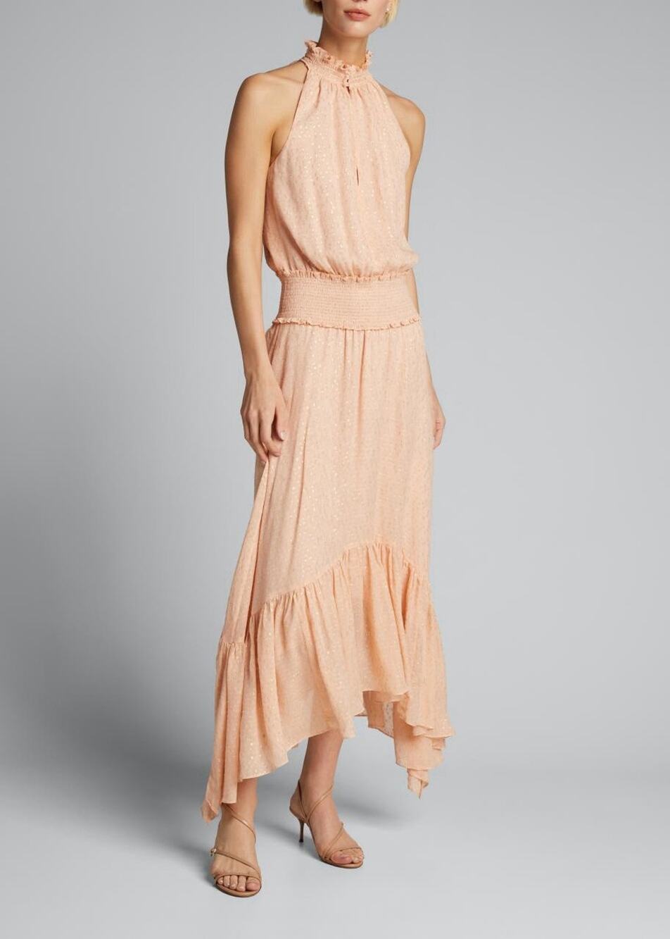 A.L.C. Kaia Halter Neck Blush Smocked Silk Metallic Midi Dress Size 2 NWOT